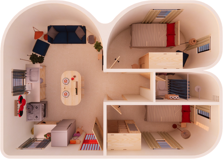 Casa Molisb — corte 3D de la vivienda, índice de proyectos